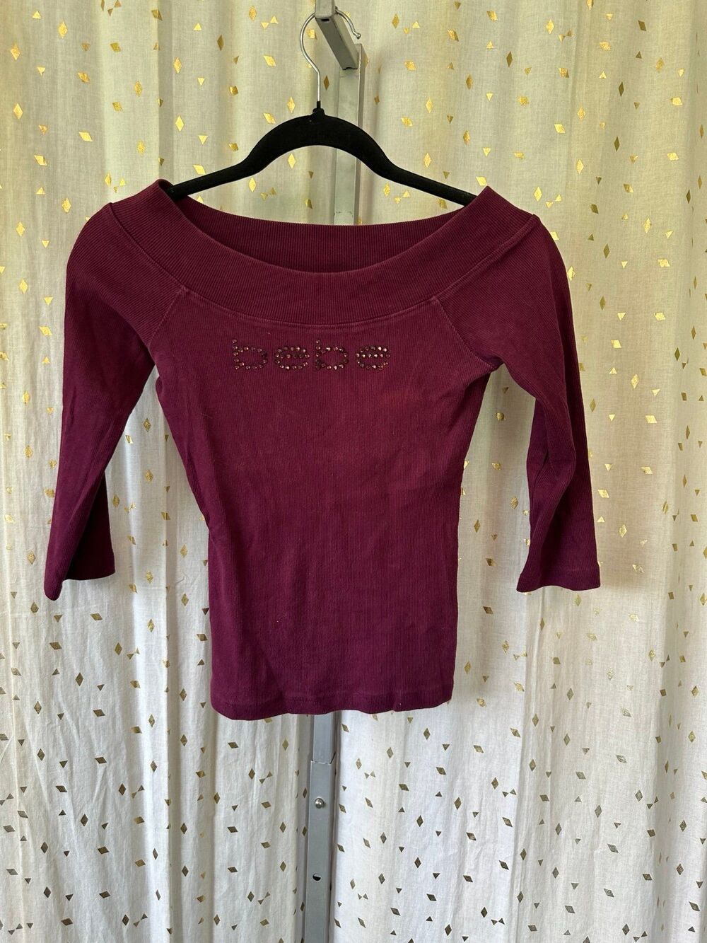 Bebe Y2K Women's Signature Swarovski Crystals Logo Ribbed Scoop Neck Top M